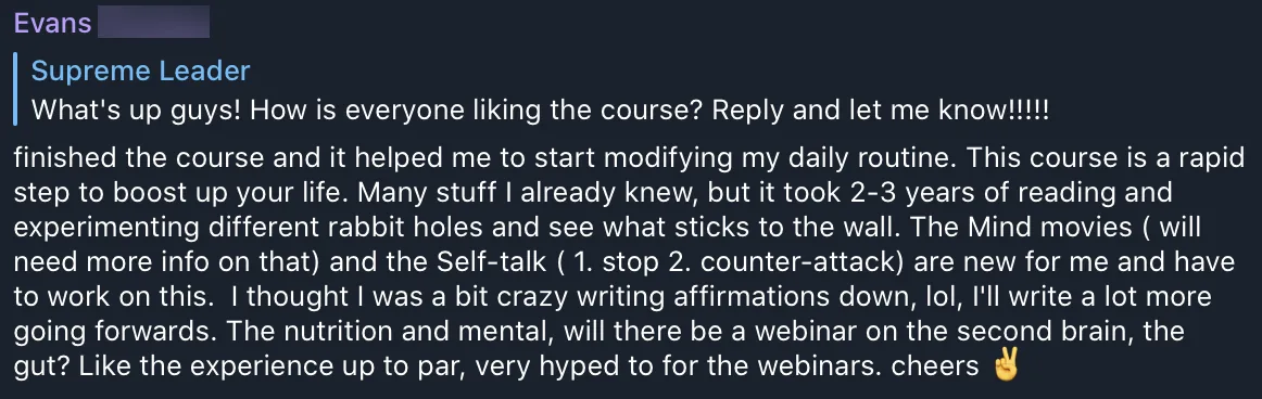Telegram reply from Evans C.: he finished the Inner Game Healing course and started changing his daily routine; the self-talk tools were new to him.