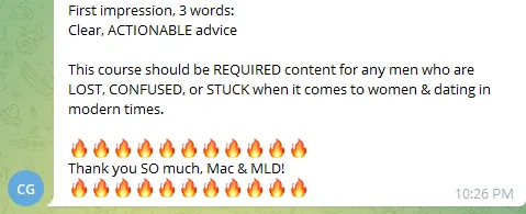 Telegram message from CG: first impression in three words, 'Clear, ACTIONABLE advice'; he calls it required content for men who are lost, confused or stuck with women and dating.