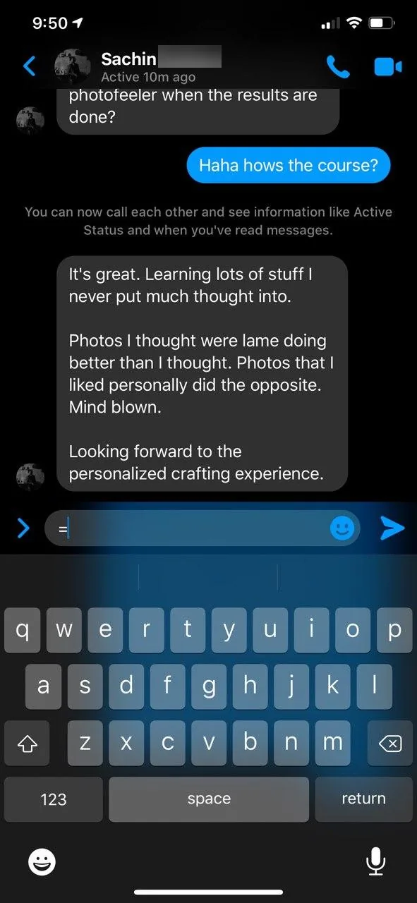 Messenger chat: Jon asks how the course is going, and Sachin R. says it's great; photos he thought were weak did better than expected, and the ones he liked did the opposite.
