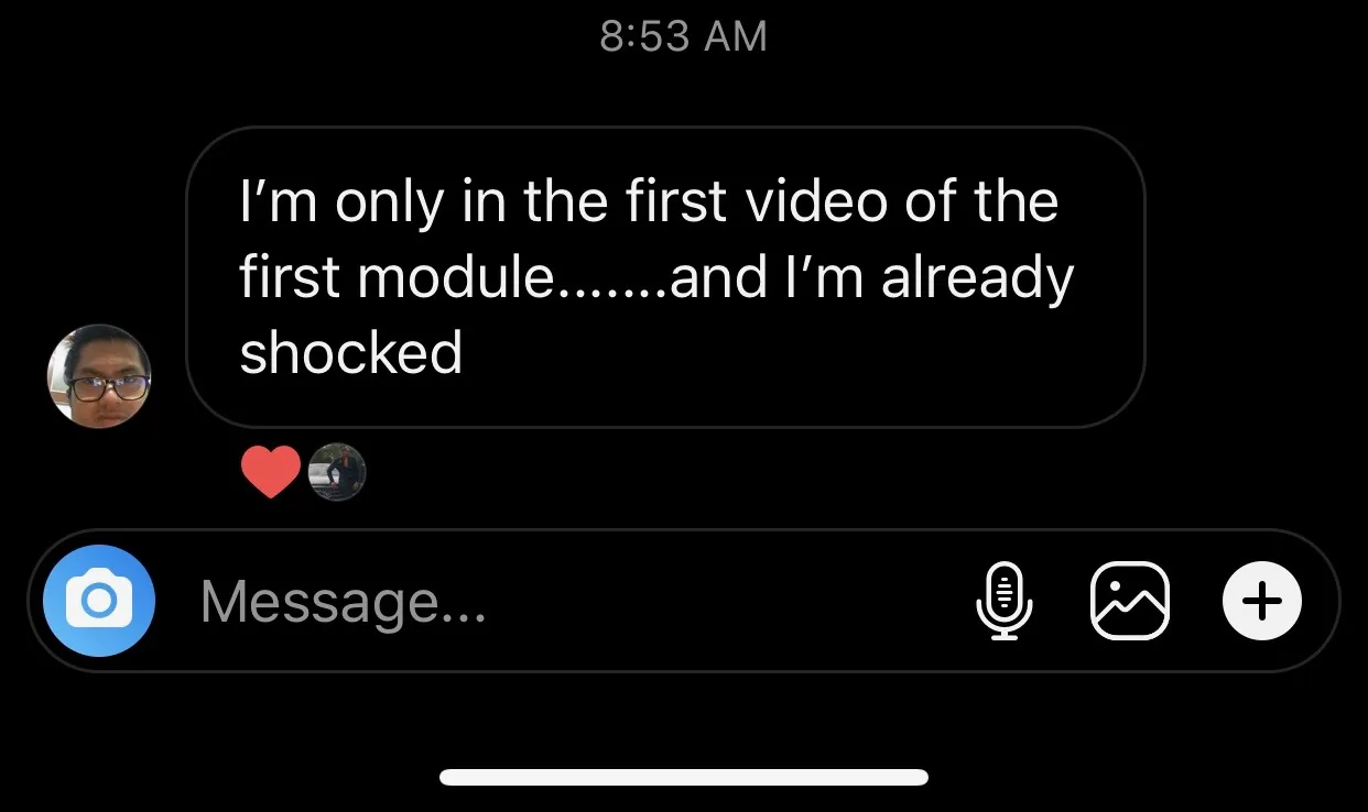 Instagram message: 'I'm only in the first video of the first module… and I'm already shocked.'
