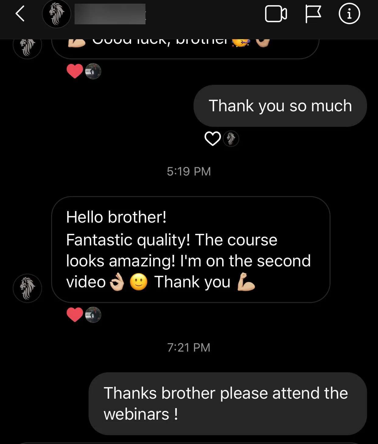 Instagram thread: the sender writes 'Fantastic quality! The course looks amazing!' and Jonathan thanks him and asks him to attend the webinars.