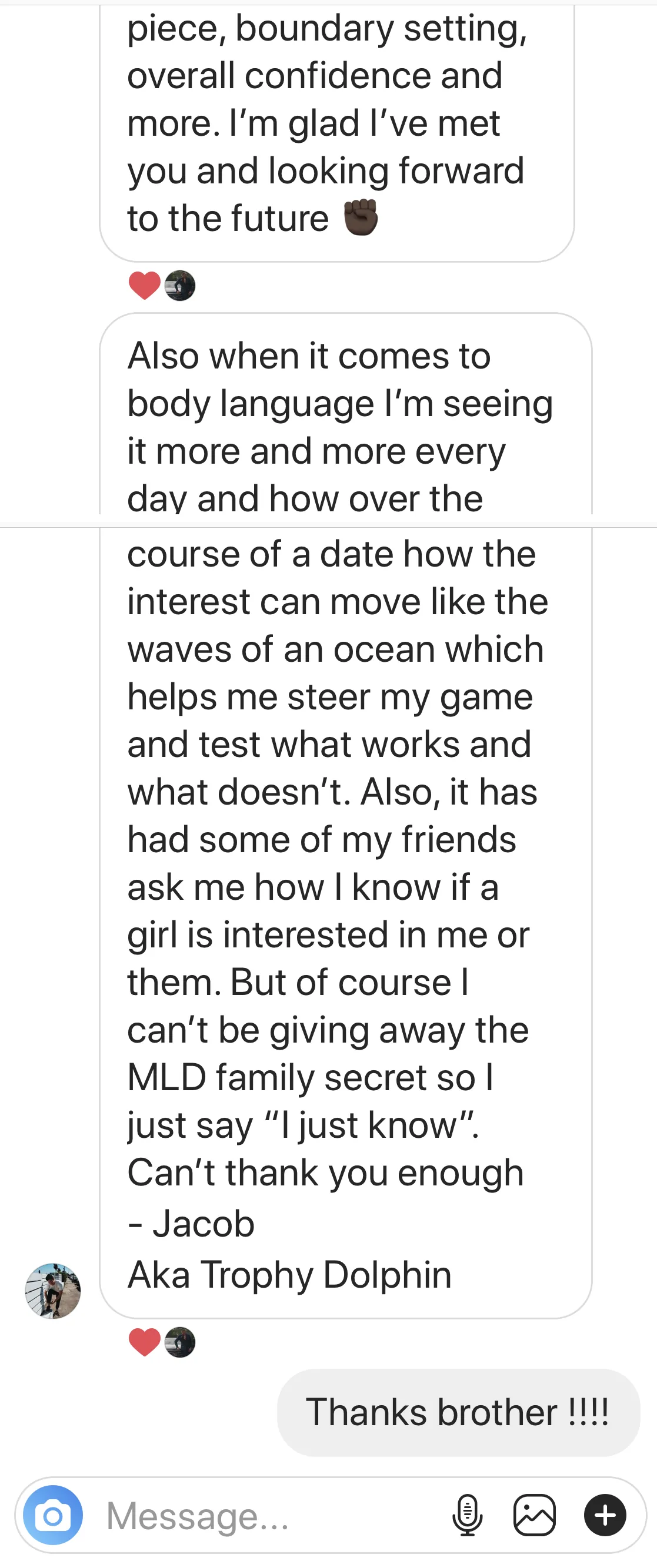 Instagram message from Jacob, part 1 of 2: he credits Jon with boundary setting and confidence, and sees women's body language more every day.