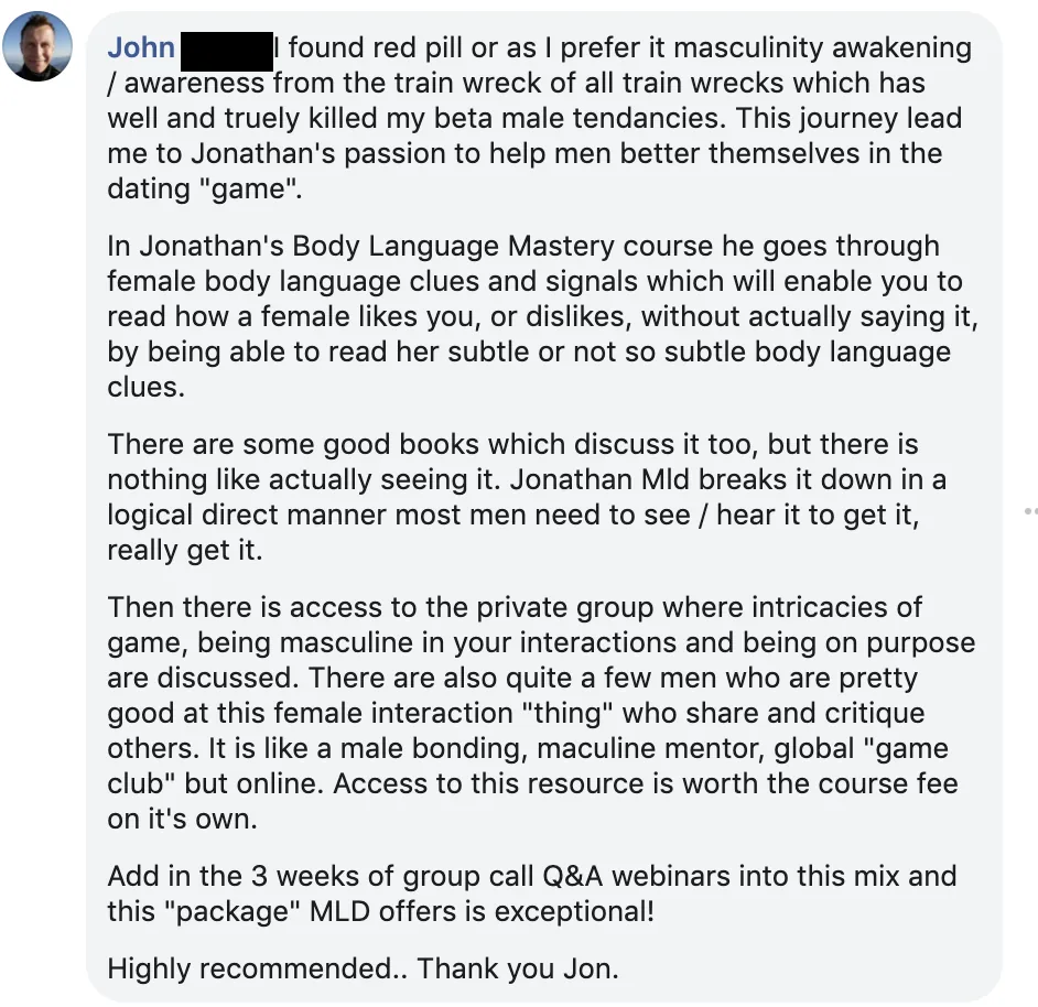 Facebook comment from John: the Body Language Mastery course shows female body language cues you can't get from books, plus a private group and three weeks of Q&A webinars.