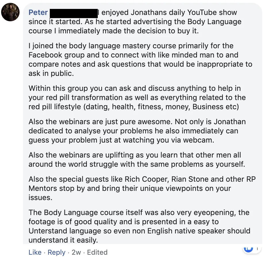 Facebook comment from Peter: a fan of Jonathan's daily YouTube show, he bought the course for the group and webinars, and says Jonathan can often spot your problem just by watching you on webcam.