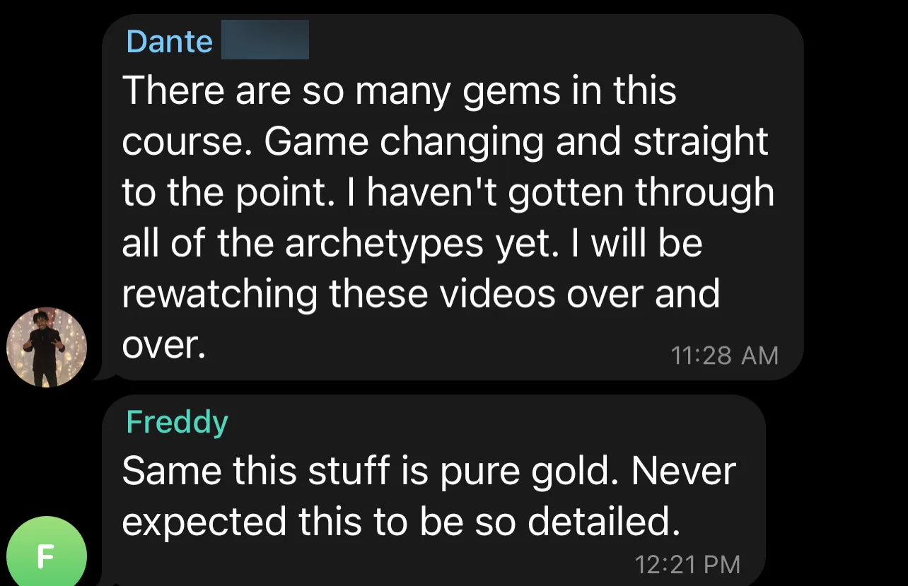 Two Telegram messages: Dante P. says Dark Pass has many gems and is straight to the point; Freddy says it's pure gold and more detailed than he expected.