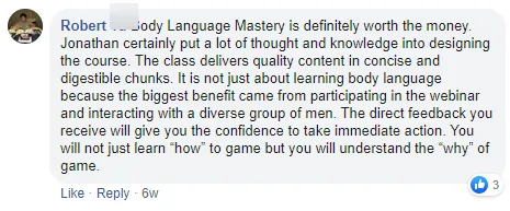 Facebook comment from Robert T.: the biggest benefit came from the webinars and a diverse group of men; the direct feedback gives you the confidence to take immediate action.