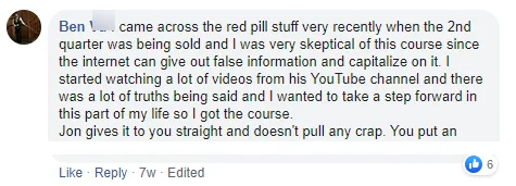 Facebook comment from Ben V.: skeptical of online courses, he watched Jon's YouTube videos, found a lot of truth, bought the course, and says Jon gives it to you straight.