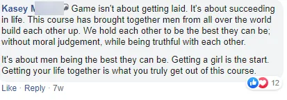 Facebook comment from Kasey M.: game is about succeeding in life; men from all over the world build each other up, and getting your life together is what you truly get out of it.