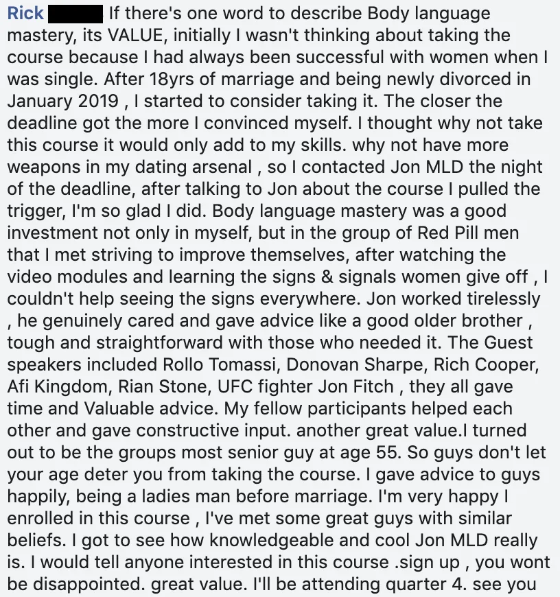 Facebook comment from Rick: newly divorced after 18 years of marriage, he joined Body Language Mastery, was the group's most senior member at 55, and tells older men not to let age stop them.