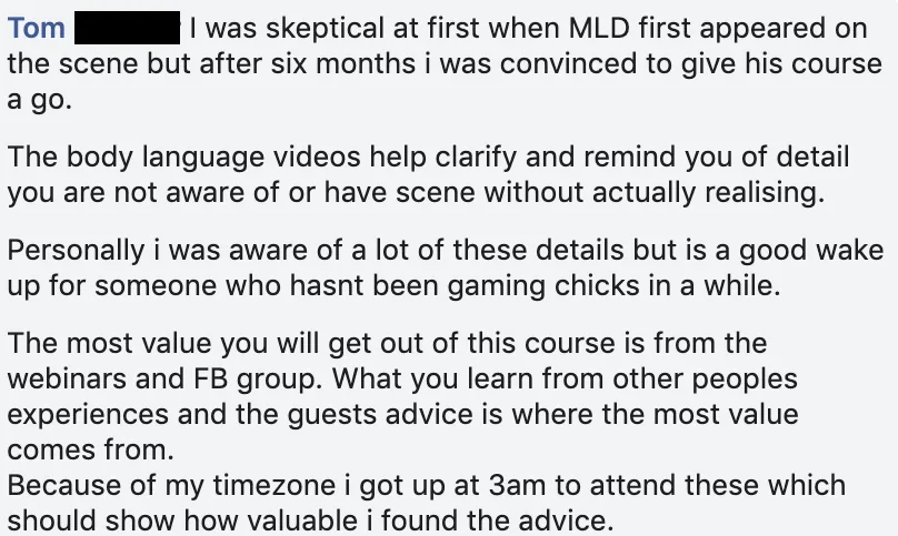 Facebook comment from Tom: skeptical at first, he joined after six months; the most value came from the webinars and group, and he got up at 3am in his time zone to attend.
