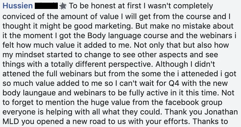 Facebook comment from Hussien: unconvinced at first, he felt the value as soon as he got the course and webinars, and his mindset started to change.